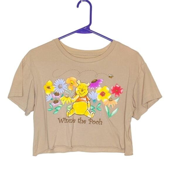 Disney Winnie the Pooh Floral Short Sleeve Cropped Graphic Tee Shirt Tan Small - Picture 1 of 6